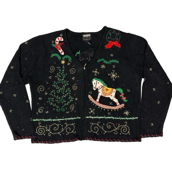 Vintage Christmas Beaded Embroidered Black Knit Zip Sweater Cardigan Large - Picture 1 of 16